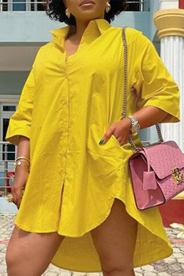Yellow Casual Solid Patchwork Turndown Collar Shirt Dress Dresses