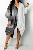 Black White Fashion Plaid Print Split Joint Turndown Collar Long Sleeve Shirt Dress