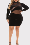 Black Fashion Sexy Patchwork See-through Turtleneck Long Sleeve Plus Size Dresses