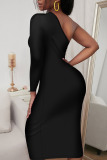 Black Sexy Solid Hollowed Out Split Joint Asymmetrical Oblique Collar One Step Skirt Dresses