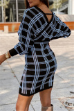 Khaki Fashion Casual Plaid Print Patchwork V Neck Long Sleeve Dresses