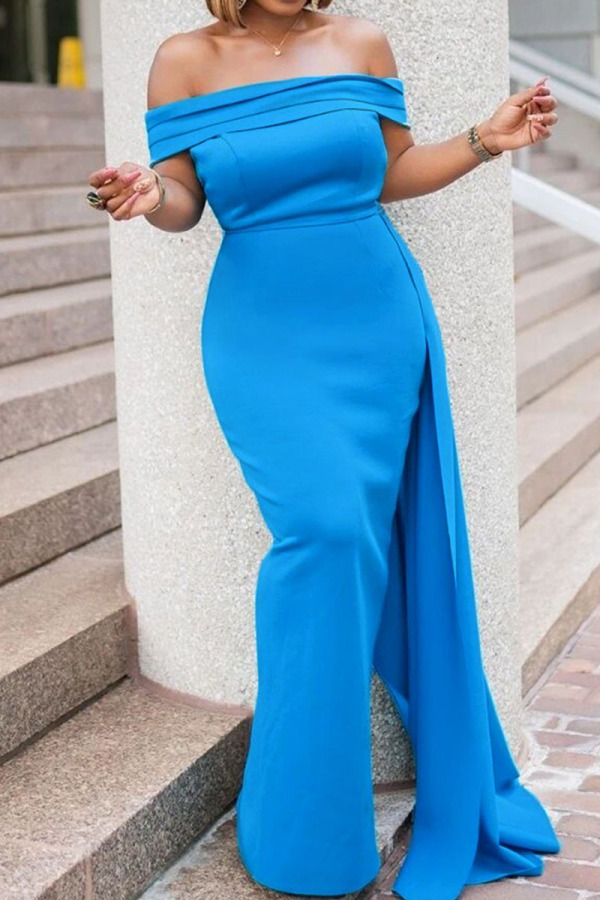 Blue Elegant Solid Patchwork Asymmetrical Off the Shoulder Evening Dress Dresses
