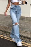 Pink Fashion Casual Solid Ripped High Waist Straight Jeans