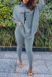 Grey Casual Print Patchwork Asymmetrical Turtleneck Long Sleeve Two Pieces