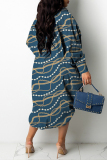 Tibetan Blue Fashion Casual Print Basic Turndown Collar Long Sleeve Shirt Dress