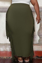 Green Fashion Casual Solid Tassel Plus Size Skirt