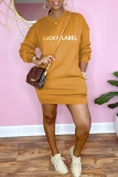 Yellow Fashion Casual Letter Embroidered Basic O Neck Long Sleeve Dresses