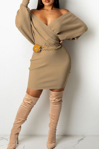 Apricot Sexy Solid Patchwork V Neck Pencil Skirt Dresses(Without Belt)