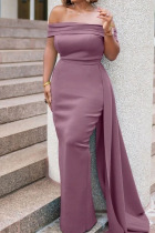 Pink Purple Elegant Solid Split Joint Asymmetrical Off the Shoulder Evening Dress Dresses