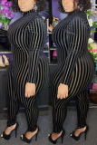 Black Fashion Sexy Mesh Striped Long Sleeve Jumpsuit