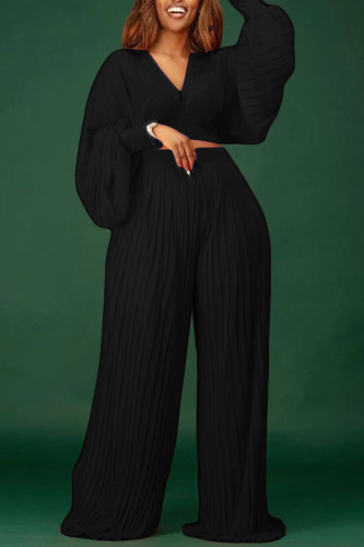 Black Elegant Solid Patchwork V Neck Long Sleeve Two Pieces