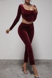 Red Fashion Casual Solid Asymmetrical Square Collar Long Sleeve Two Pieces