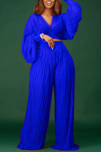 Blue Elegant Solid Patchwork V Neck Long Sleeve Two Pieces