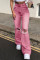 Pink Fashion Casual Solid Ripped High Waist Straight Jeans