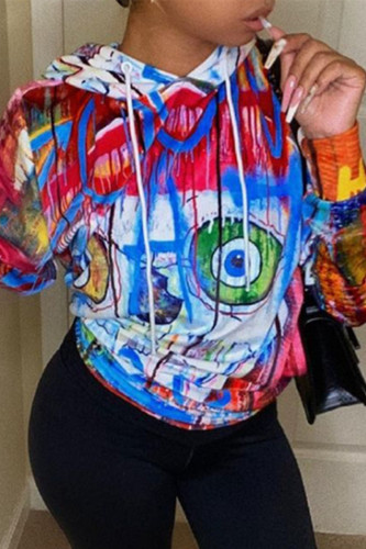 Colour Fashion Casual Print Basic Hooded Collar Tops