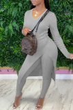 Grey Fashion Casual Solid Slit V Neck Long Sleeve Two Pieces
