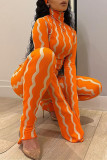 Orange Fashion Casual Striped Print Basic Turtleneck Long Sleeve Two Pieces