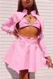 Pink Fashion Sexy Solid Patchwork Cardigan Zipper Collar Long Sleeve Two Pieces