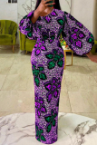 Purple Green Fashion Print Basic O Neck Lantern Sleeve Long Sleeves Long Dress