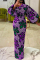 Purple Green Fashion Print Basic O Neck Lantern Sleeve Long Sleeves Long Dress