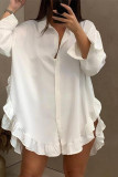 White Fashion Casual Solid Asymmetrical Turndown Collar Shirt Dress