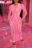 Pink Fashion Sexy Print See-through O Neck Long Sleeve Dresses