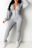 Black Fashion Casual Solid Bandage Zipper Hooded Collar Skinny Jumpsuits