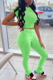 Fluorescent Green Fashion Casual Solid Basic O Neck Short Sleeve Two Pieces