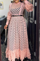 Pink Sexy Patchwork Mesh O Neck Cake Skirt Plus Size Dresses