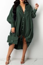 Green Fashion Casual Patchwork Basic Turndown Collar Long Sleeve Dresses
