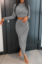 Grey Sexy Solid Split Joint O Neck Nine Points Sleeve Two Pieces