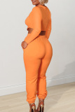 Orange Fashion Casual Solid Basic O Neck Long Sleeve Two Pieces