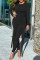 Black Fashion Casual Solid Fold O Neck Skinny Jumpsuits