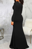 Black Elegant Solid Patchwork High Opening V Neck Evening Dress Dresses