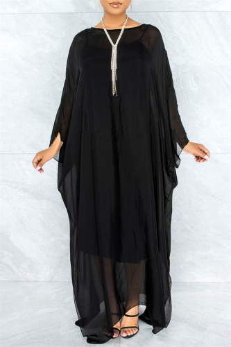 Black Fashion Casual Solid See-through O Neck Long Sleeve Two Pieces