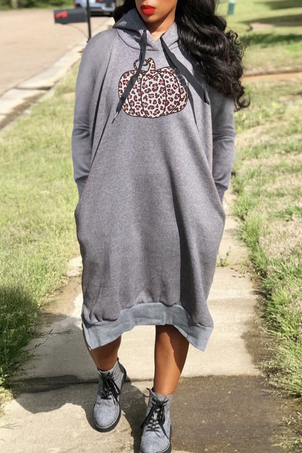 Grey Casual Print Split Joint Hooded Collar Straight Dresses