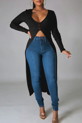Black Casual Solid Patchwork Buttons Asymmetrical V Neck Outerwear