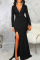 Black Elegant Solid Patchwork High Opening V Neck Evening Dress Dresses