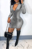 Grey Fashion Casual Solid Patchwork Zipper Collar Long Sleeve Dresses