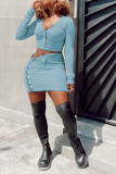 Light Blue Sexy Solid V Neck Long Sleeve Two Pieces