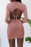 Pink Sexy Solid Hollowed Out Half A Turtleneck Pencil Skirt Dresses