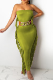 Ink Green Casual Solid Tassel Patchwork Strapless One Step Skirt Dresses(Without Belt)