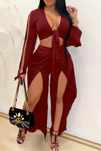 Burgundy Solid Bandage Patchwork Asymmetrical V Neck Long Sleeve Two Pieces