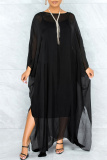 Black Fashion Casual Solid See-through O Neck Long Sleeve Two Pieces