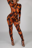 Orange Sexy Print Hollowed Out O Neck Long Sleeve Two Pieces