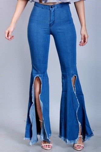 Dark Blue Denim Zipper Fly Button Fly High Solid washing Hole Zippered Boot Cut Pants 