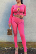 Pink Sexy Solid Hollowed Out Split Joint Fold O Neck Long Sleeve Two Pieces