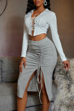 Grey Fashion Casual Solid Draw String Slit Regular Mid Waist Skirt