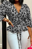 Brownness Sexy Print Leopard Bandage Patchwork V Neck Tops
