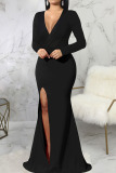 Black Elegant Solid Patchwork High Opening V Neck Evening Dress Dresses